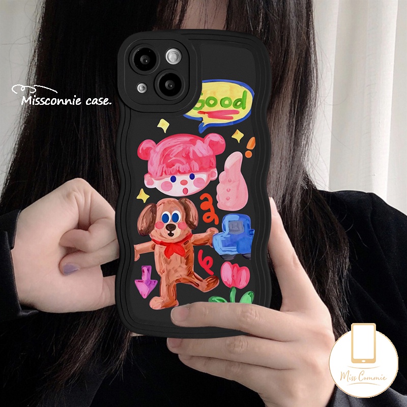 Oppo A15 A78 A12 A16 A57 A17K A17 A55 A96 A54 A77 A5s A76 A95 A16s A3s A5 A9 A74 A7 A16K A1k A77s A53 A52 Reno 8T 85f 7Z 6 Kartun Grafiti Anjing Gadis Lucu Sticker Wavy Edge Sarung