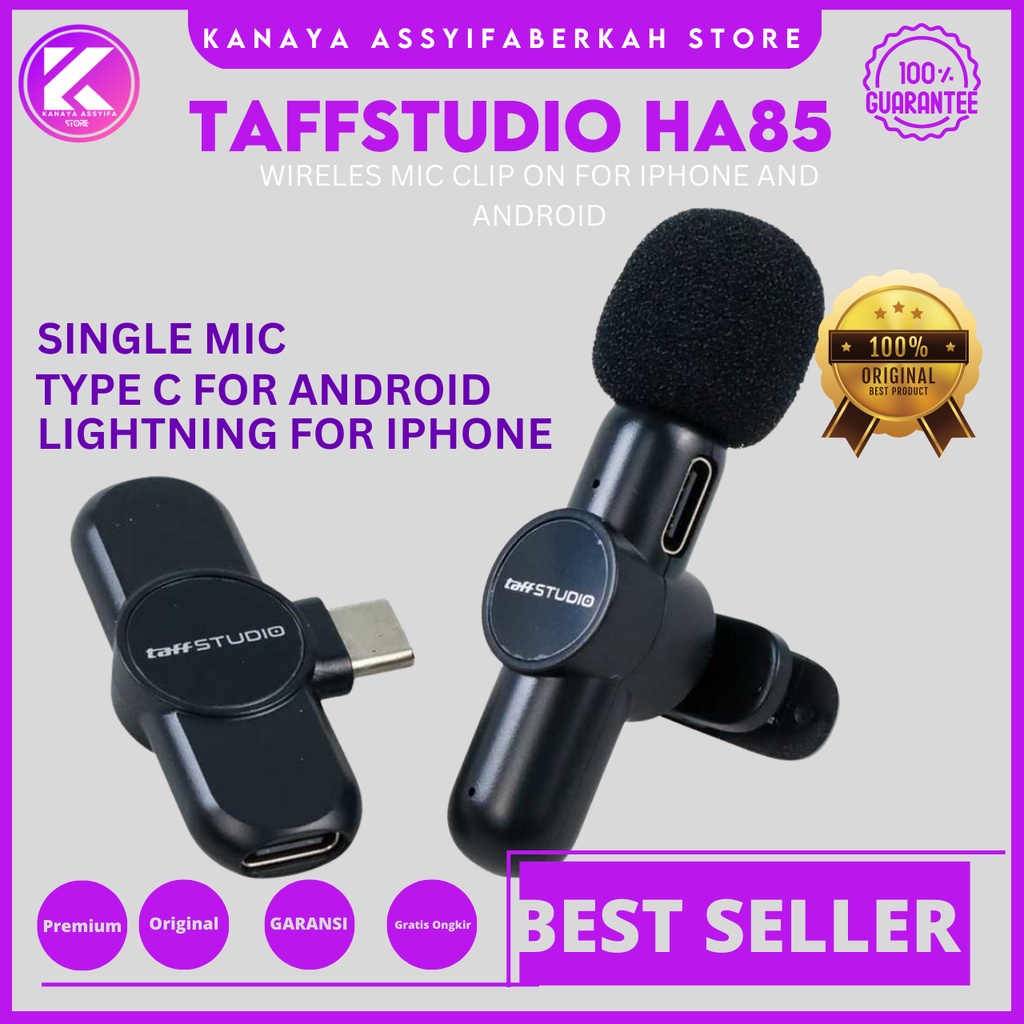 TaffSTUDIO Microphone Clip On Wireless Lavalier Lapel Mic Mikrofon Vlogger Livestreaming Video Recording USB Type C Dan Lightning Single Mic - HA85