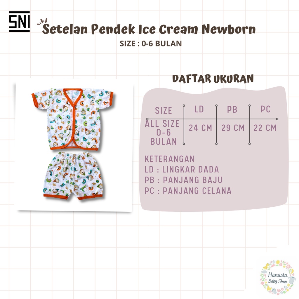 Baju Bayi Newborn Setelan Pendek Katun Ice Cream 0-6 Bulan