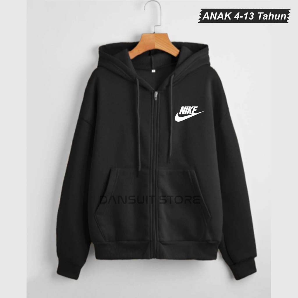 Hoodie Zipper Resleting Anak Laki-laki/Perempuan Usia 4-13 Tahun Hoodie Zipper Anak Sablon NIKE Logo Bahan Tebal