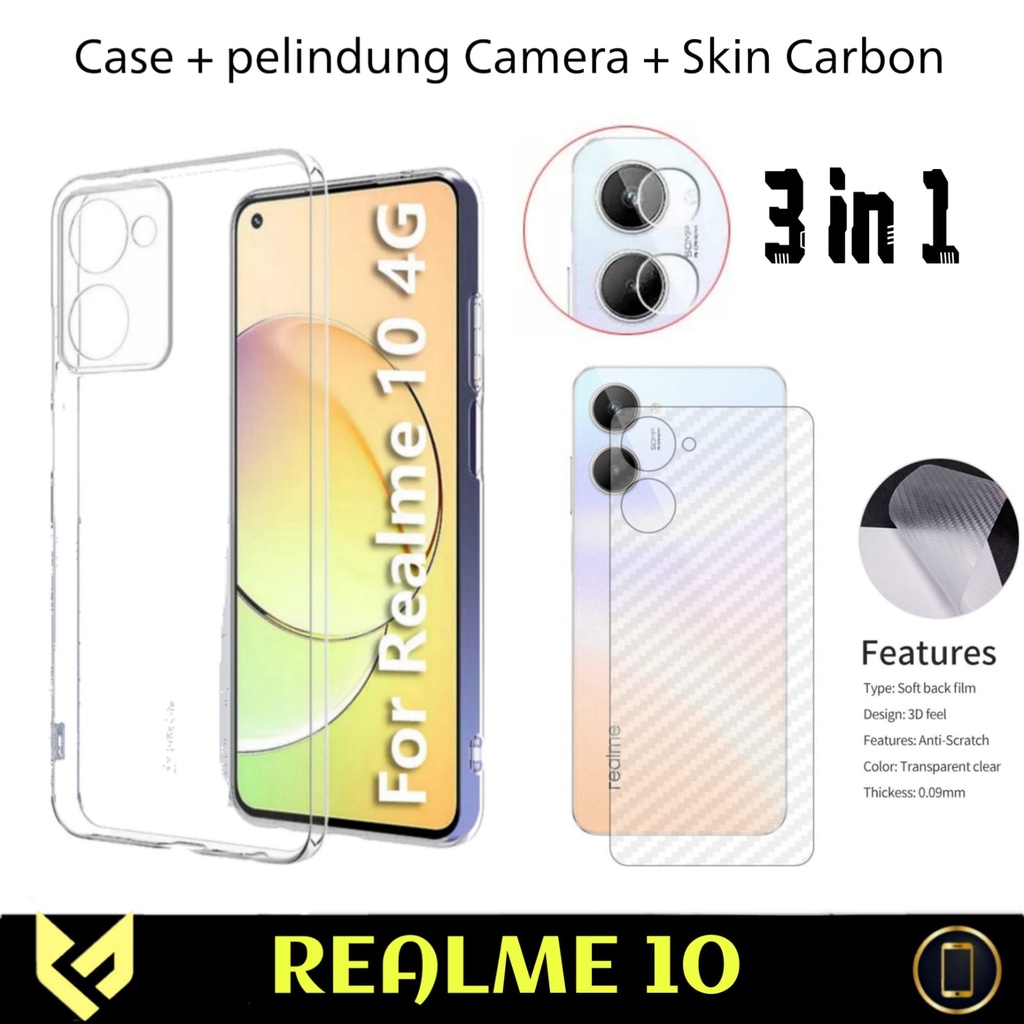 Promo Paket 3In1 Case For REALME 10 PRO PLUS / REALME 10 PRO 5G / REALME 10 SoftCase Clear HD Free Tempered Glass Camera &amp; Skin Carbon Anti Gores Jamur Handphone