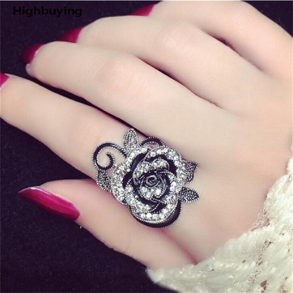 Hbid Wanita Retro Bunga Mawar Cincin Hitam Kristal Vantige Bunga Besar Rings Perhiasan Hadiah Glory