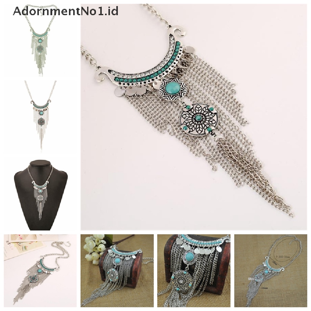 [AdornmentNo1] Retro Bohemian Gypsy Style Turquoise Tassel Rantai Panjang Choker Liontin Kalung [ID]