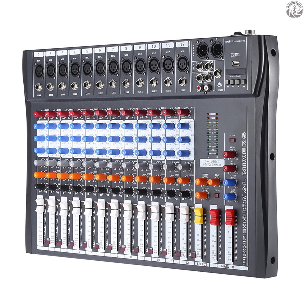 [Tersedia] 120s-usb 12channel Mic Line Audio Mixer Pencampuran Konsol Wireless BT Koneksi USB XLR Input 3-band EQ 48V Phantom Power Dengan Adaptor Daya