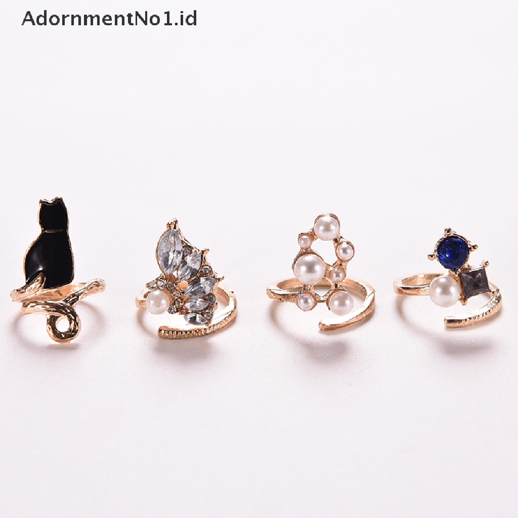 [AdornmentNo1] Cincin Fashion Wanita Cat Pearl Zircon Nail Rings Set 4PCS/Set Chic Knuckle Rings [ID]