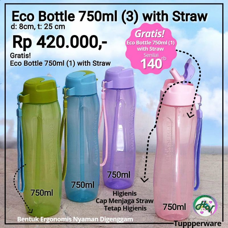 Eco bottle with straw tupperware / botol minum tupperware + sedotan / x-treme bottle tupperware baha