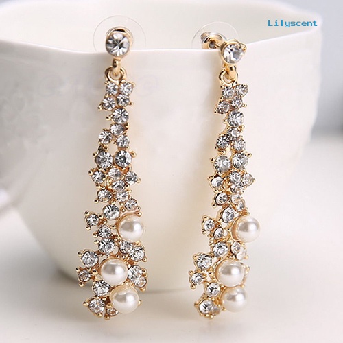 [LS] Elegan Fashion Wanita Mutiara Berlian Imitasi Menjuntai Lampu Gantung Drop Earrings Perhiasan