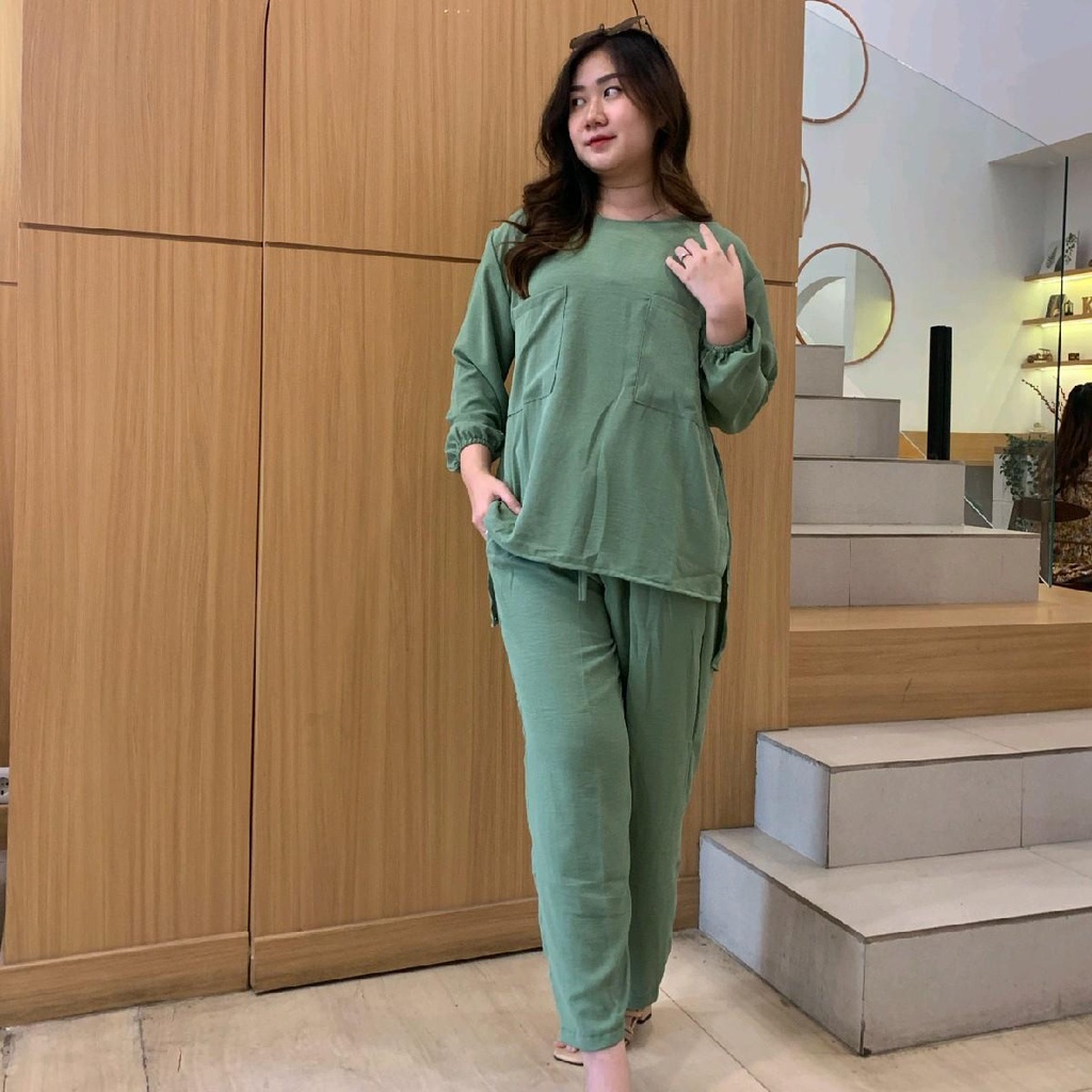 AVE Set Cey crinkle double pocket lengan panjang