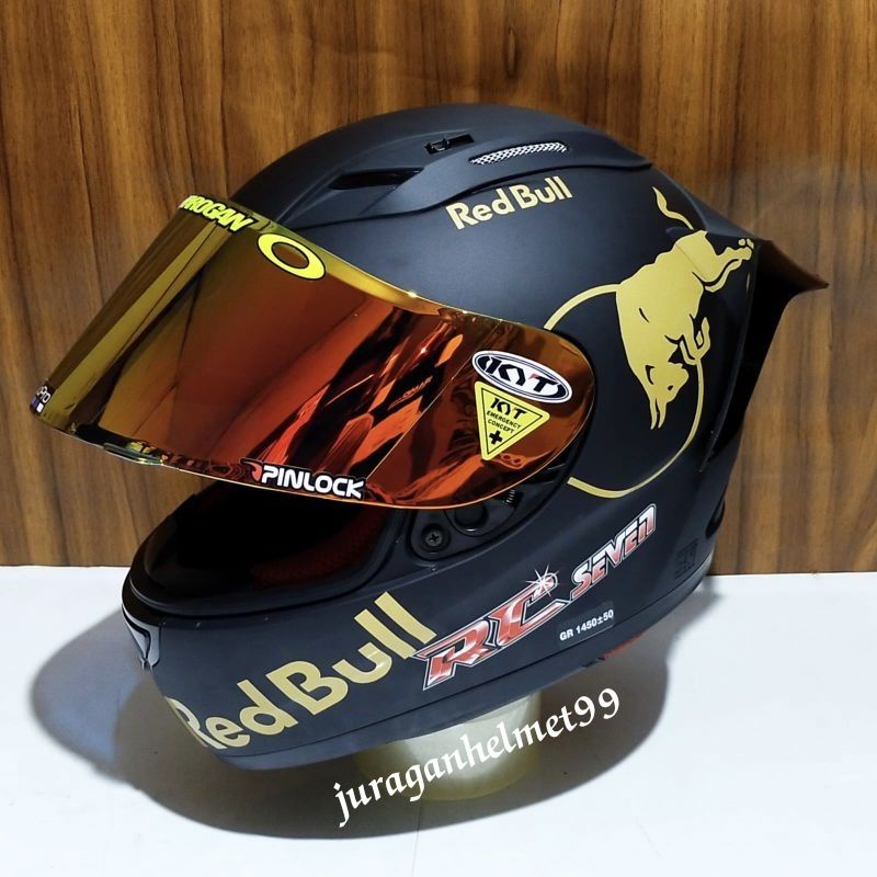 Helm Full face KYT RC Seven Black Doff Paket Ganteng Leopard dan Red Bull