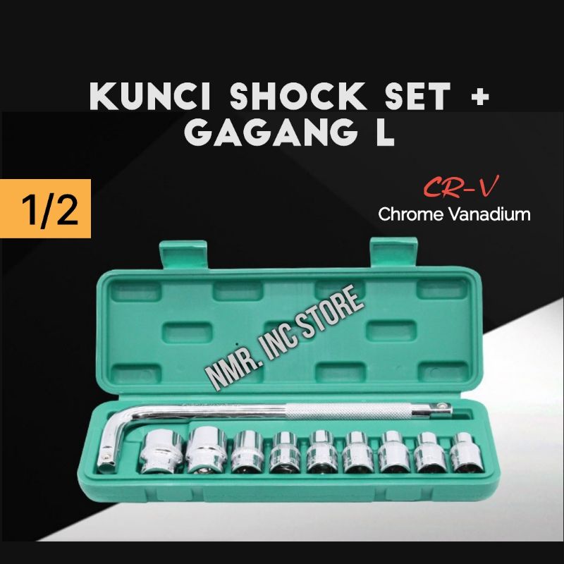 Mata Kunci Shock Set 10pcs CR-V Gagang, Sok Impact Sock Socket Bengkel, Chrome Vanadium.