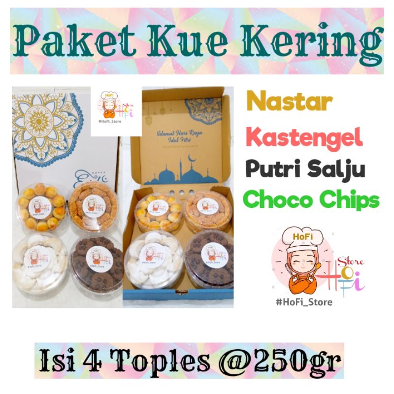 

Kue Kering Lebaran 1 paket 4 toples @250gr (Nastar, Kastengel, Putri Salju, Choco Chips)