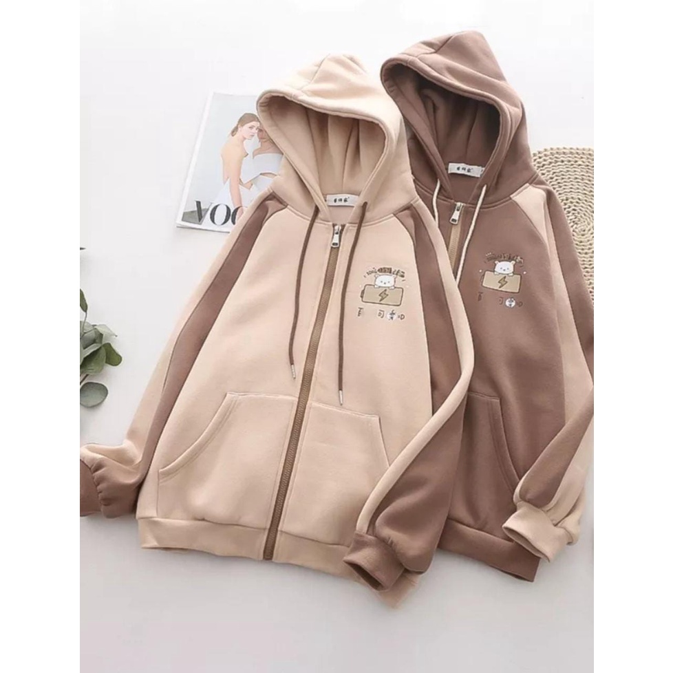 CUTE BATERRY ZIPPER JACKET HOODIE BAHAN FLEECE (AKG)