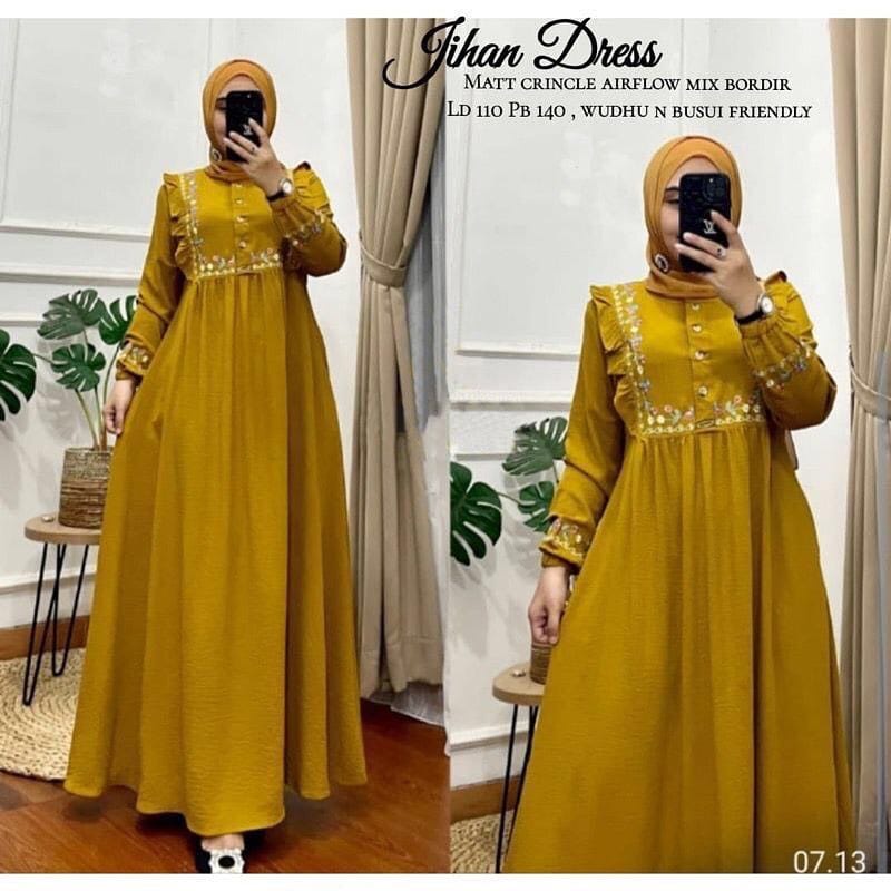 Gamis Terbaru 2023 Jihan Dress Kondangan Gamis Crinkle AirFlow Aksen Bordir Bunga Baju Wanita Jumbo Ootd Kekinian