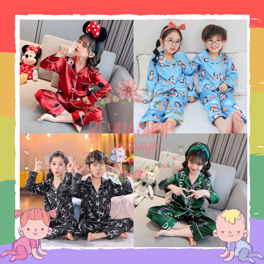 (EF-EI) BAJU TIDUR ANAK PIYAMA SILK KANCING ANAK SET LENGAN PANJANG BAHAN LEMBUT