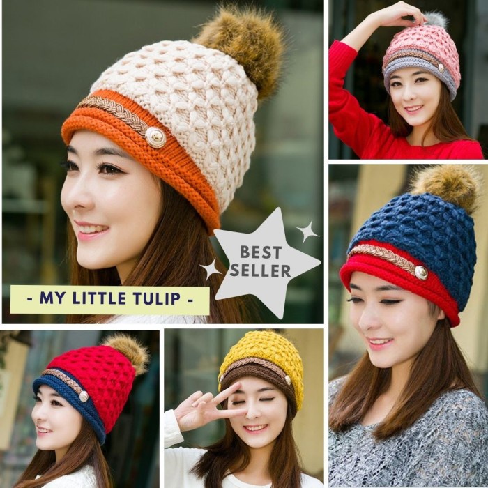 Topi Kupluk Rajut Wanita Dewasa Mama Ibu Korea Style Pom2 Musim Dingin
