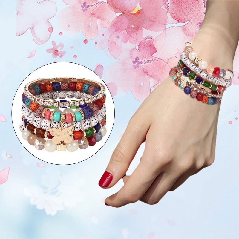 4pcs/set Boho Jantung Gelang Manik-Manik Resin Batu Kristal Perhiasan Eropa Kecantikan Fashion Bracelet Jewelry