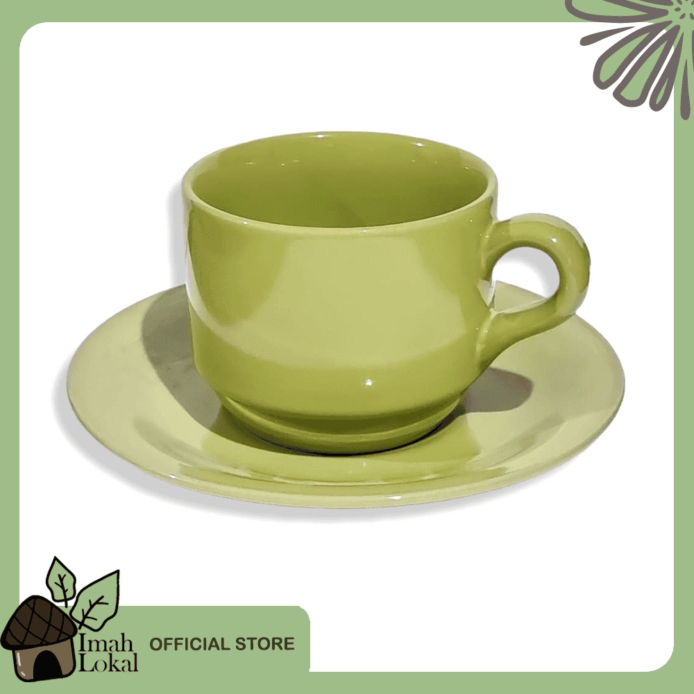 Cangkir Set 6pcs Keramik Lucky Gelas Minum Kopi Teh Warna + Pisin / Tatakan - Hijau