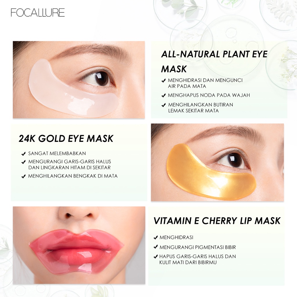NIK - FOCALLURE Forever Young Collagen Crystal Hydra-Gel Eye Mask FASC01 FASC02 | 24K Gold Pure Luxury Eye Mask | Moisturizing Lip Mask | Vitamin E Cherry Lip Mask &amp; Eye mask Skin Care | BPOM