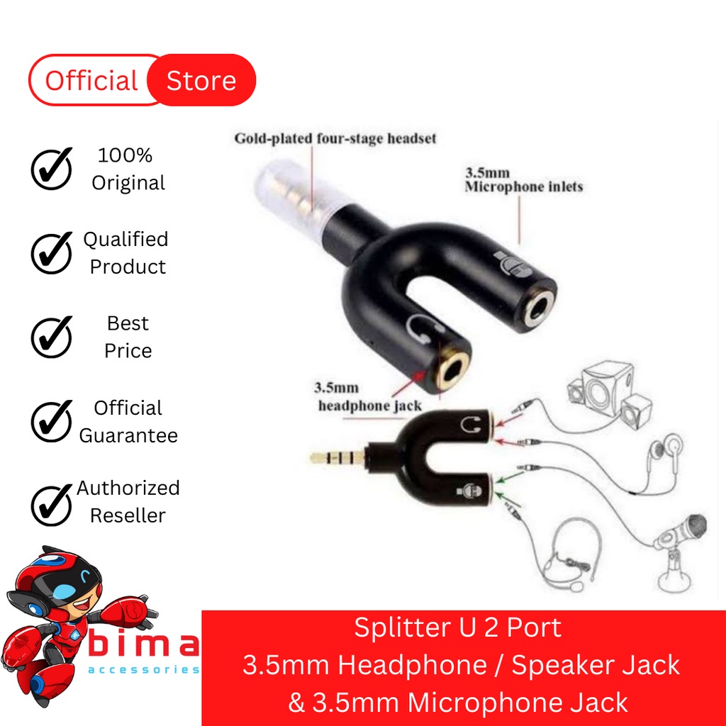 Audio Splitter U Shape 2in1 Jack 3.5 mm to Dual Female headset + Mic Lubang Colokan Termurah Import