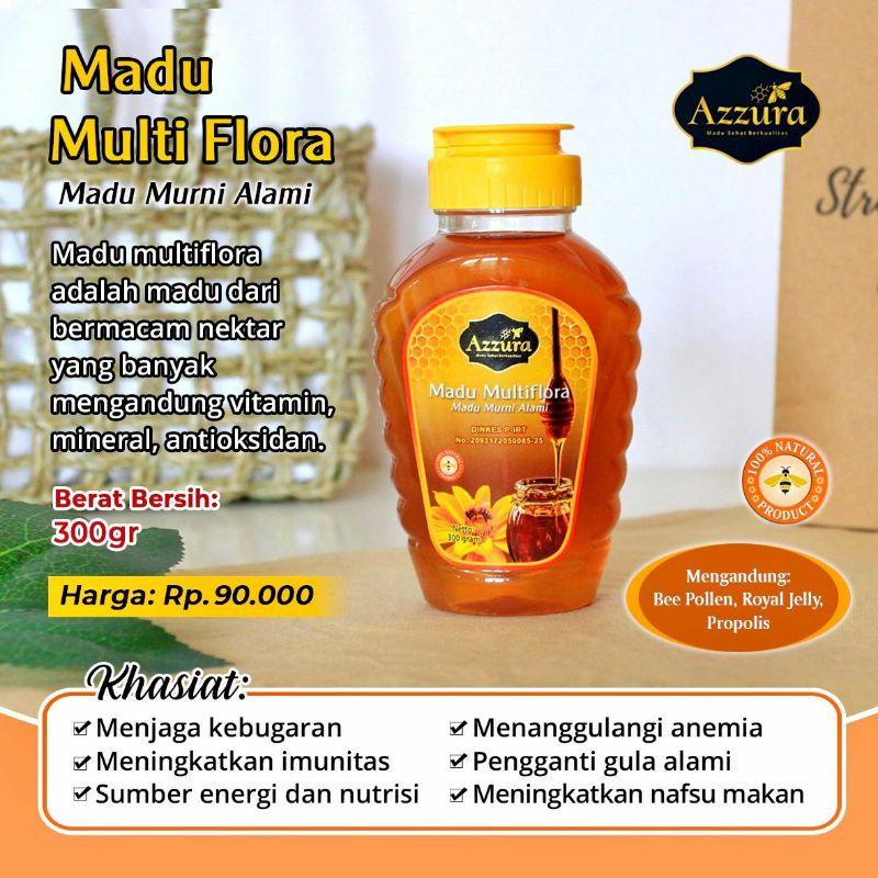 

Madu Murni Multiflora / Madu Seribu Bunga / Madu Keluarga By Azzura 300 Gram Kemasan Botol Plastik