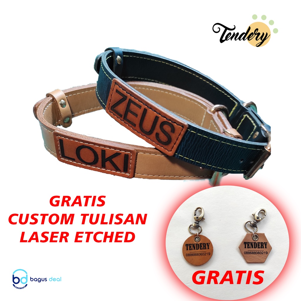 Kalung Anjing / Dog Collar KULIT ASLI Custom Nama GRATIS (Laser Etch), Handmade, Ukuran S, M, L Merk Tendery