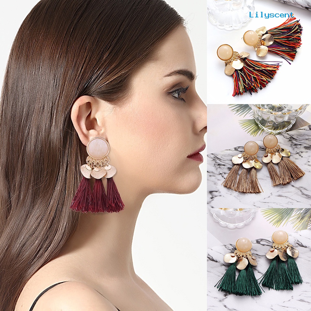 [LS] 1pasang Wanita Bohemian Jumbai Sequin Ear Stud Menjuntai Anting Perhiasan Perjamuan