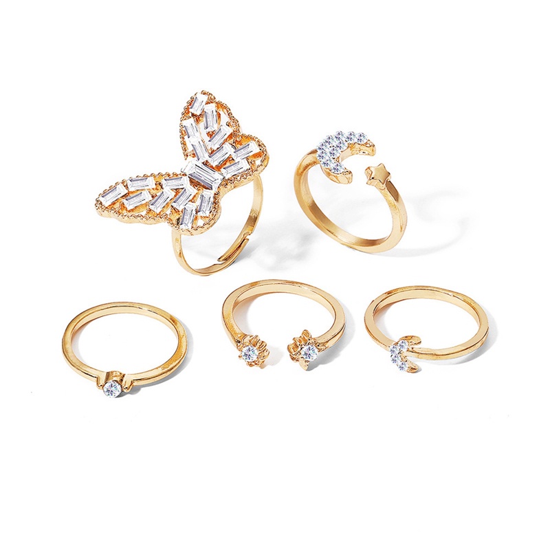 5pcs/set Cincin Bohemian Gelombang Bunga Untuk Wanita Vintage Geometris Mutiara Butterfly Metal Chain Knuckle Rings