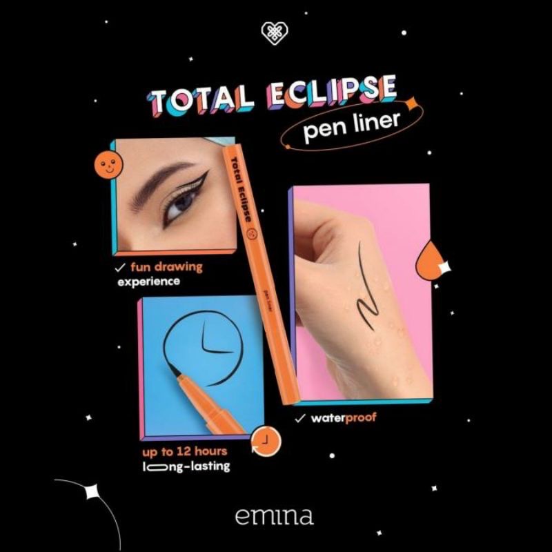 EMINA Total Eclipse Pen Liner Indonesia / Eyeliner 1ml / 12 Hours Longlasting Smooth Stable Tip Smudge Proof Waterproof Intens Persisi / Tahan Lama Anti Air Tebal Bold Black Hitam Eye Liner Alis Kelopak Mata Pensil Gel Cosmetic Makeup Eyes Make Up Series