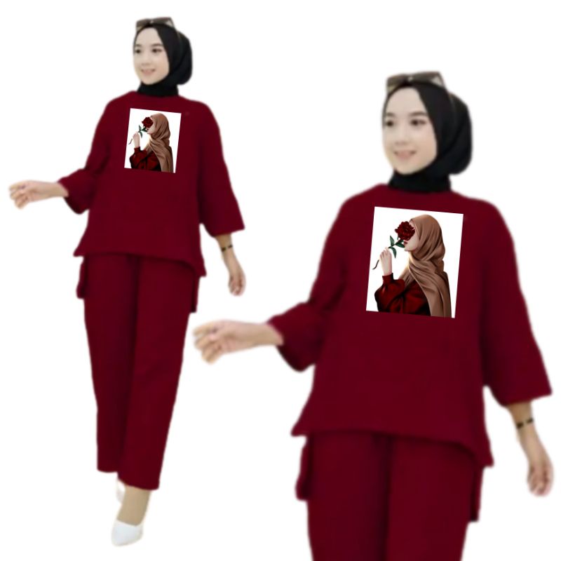 Setelan Kaos Wanita Dewasa Oversize Ld 130 cm Terbaru 2023 Viral Gambar DTF Bahan Kaos Babyterry Tangan 3/4 dan Celana Panjang One Set Wanita Dewasa Jumbo Kekinian Atasan Baju Wanita Dewasa Big Size Stelan Baju Wanita Santai Cewek Mawar