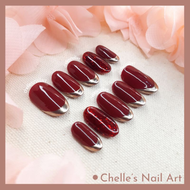 Red Maroon Gold Chrome French Nails Glitter Nails Custom Fake Nails Kuku Palsu Handmade Murah