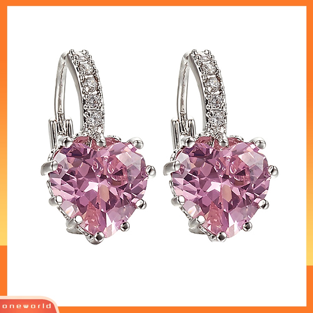 {oneworld} Wanita Mewah Pink Cinta Hati Berlian Imitasi Berlapis Emas Leverback Hoop Earrings