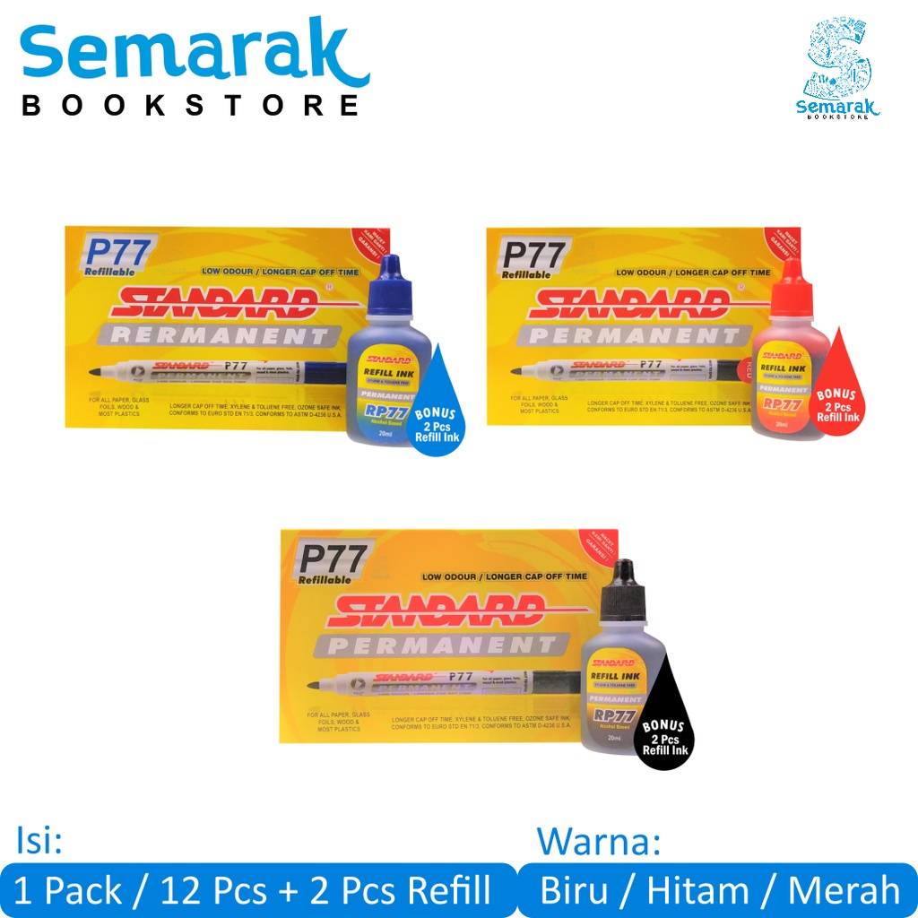 

Standard P77 Permanent Marker Spidol Papan Tulis Tidak Dapat Dihapus + Refill Ink - Hitam / Merah / Biru [1 Pack / 12 Pcs]