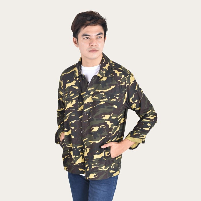 jaket pria EMOLINE Jaket Semi Parka Pria Men Outwear Katun Ripstok Loreng Hitam - Loreng Cream,M(E8L