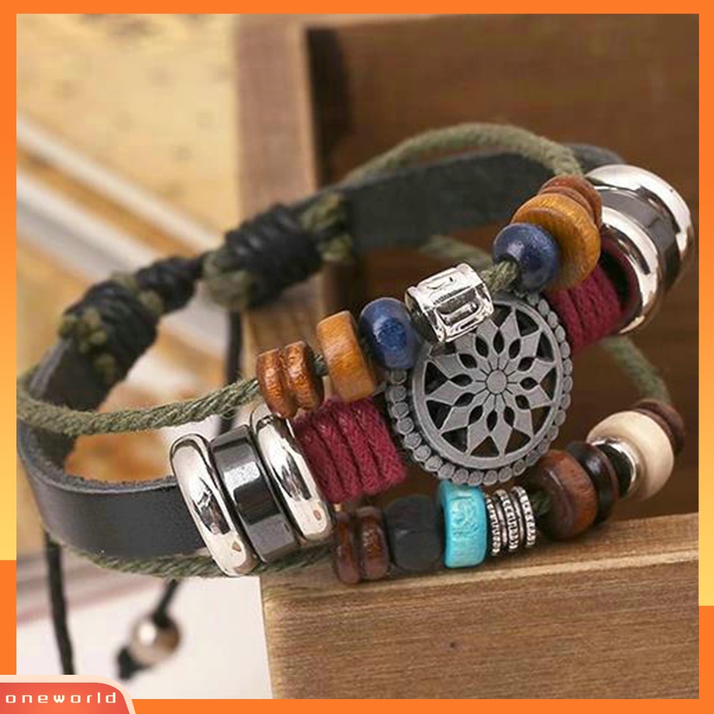 {oneworld} Boho Wanita Multi Layer Manik-Manik Anyaman Tali Kulit Gelang Adjustable Perhiasan