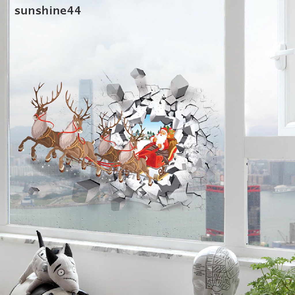 Sunshine Natal Stiker Dinding Decal 3D Simulasi Palsu Jendela Santa Claus Rusa Wall Sticker Window Rumah Vinyl Mural New Year Stickers.