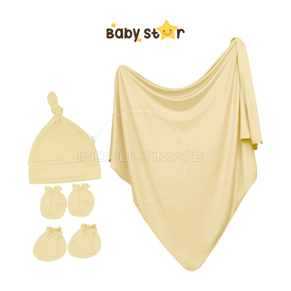 4in1 BABY STAR Bedong Bayi + Topi Kupluk Bayi + Sarung Tangan Kaki Bayi Perlengkapan Bayi Baru Lahir Kain Selimut Bayi Kain Bedongan bayi Alas Tidur Bayi Selimut Tidur Bayi Baby Hat Topi Kuncir Bayi Perlengkapan Baby Newborn Hampers BCS-2287