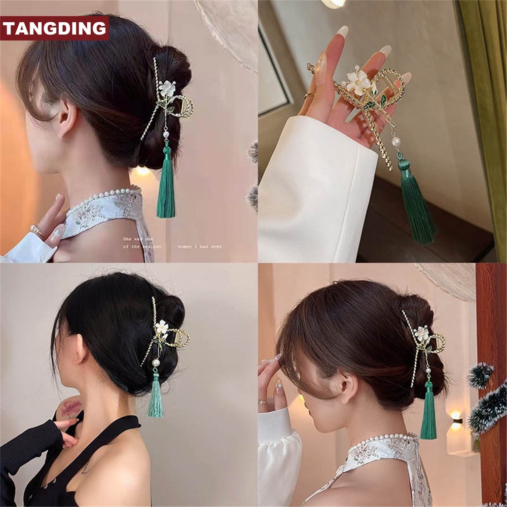 [COD Tangding] Vintage Gaya Cina Bunga Cakar Besar Hiu Klip Wanita Perempuan Elegan Rumbai Jepit Rambut Aksesoris Rambut