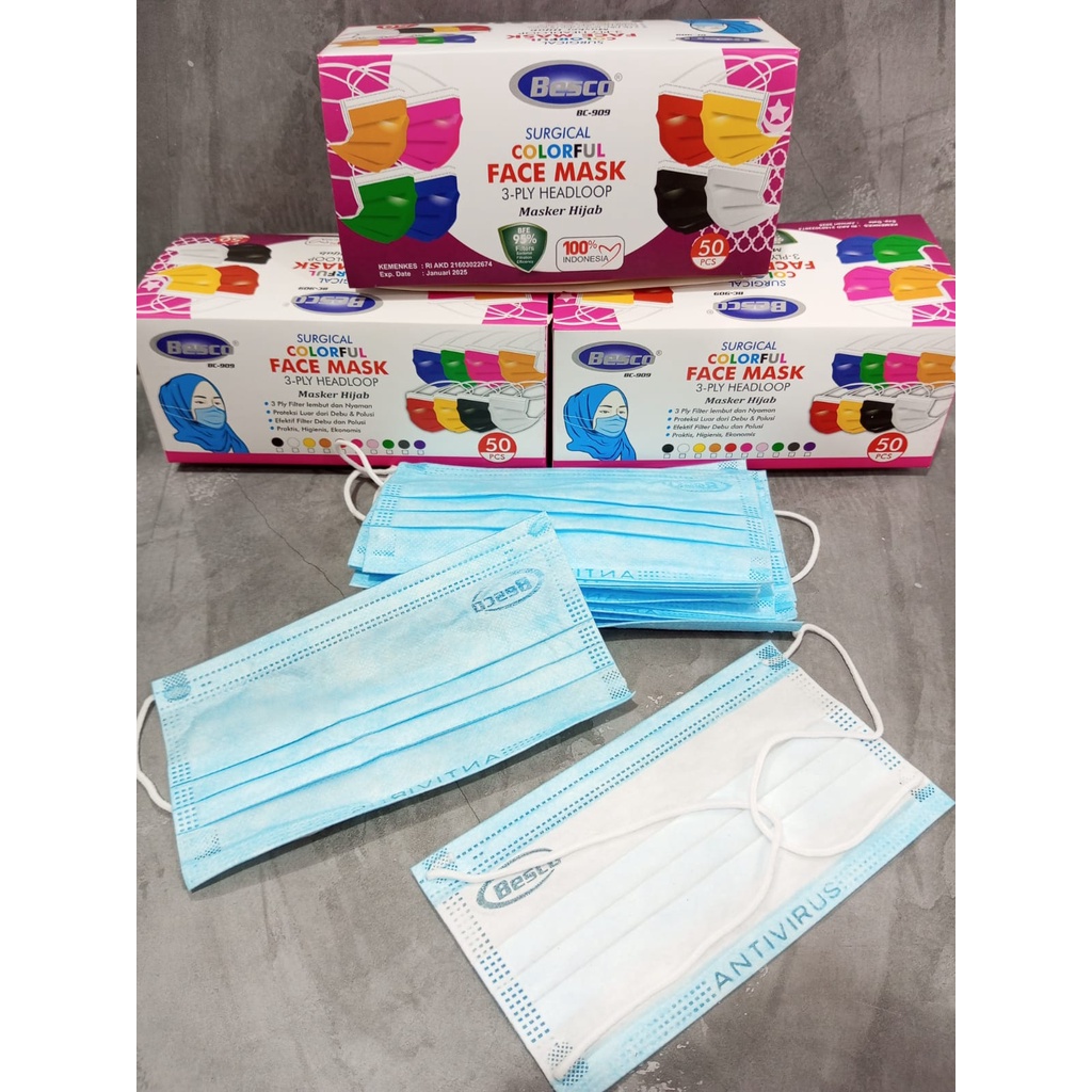 READY isi 50 MASKER HIJAB HEADLOOP 3 PLY WARNA BIRU DAN HITAM MERK FACE MASK / BESCO / ONECARE BLUE BLACK TALI PANJANG SILANG MERK FACE MASK VIPO
