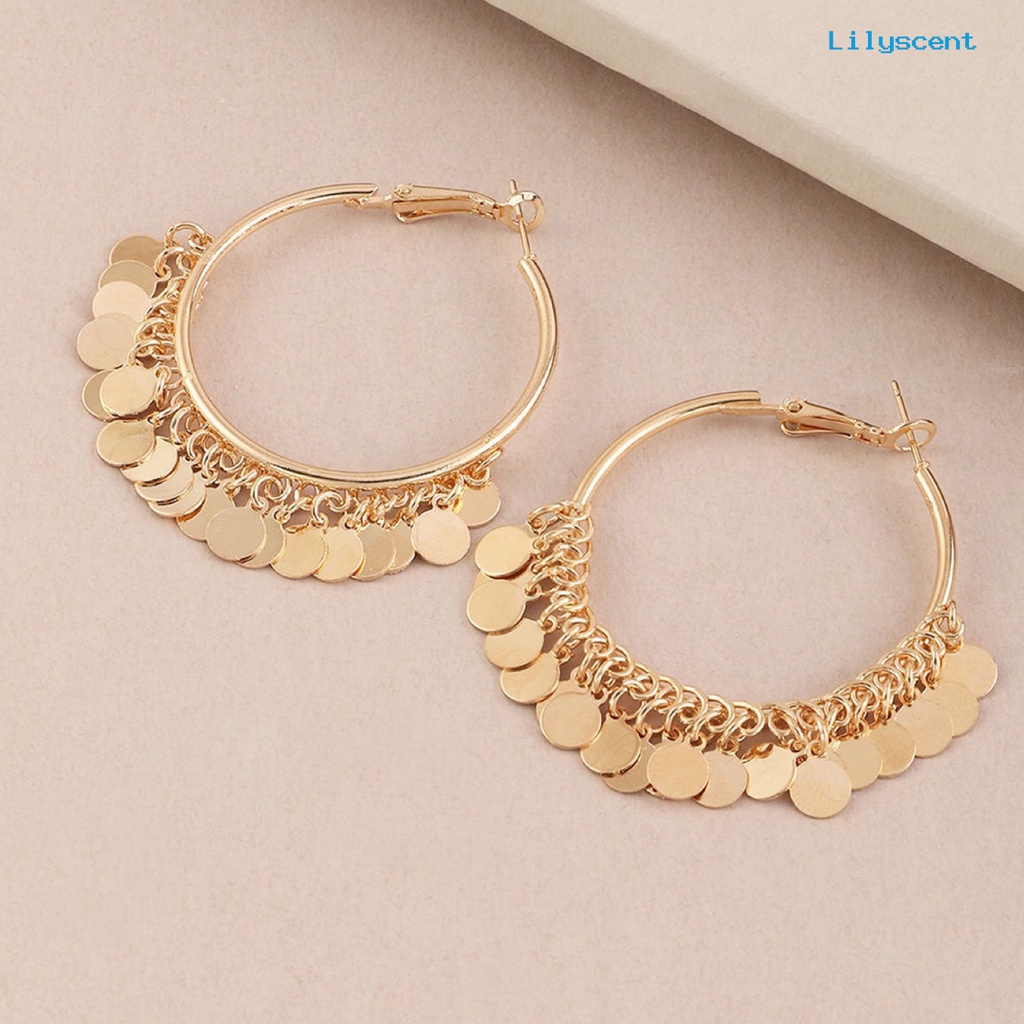 [LS] 1pasang Anting Hoop Paduan Warna Solid Bulat Rumbai Sequin Club Earrings Perhiasan Pesta