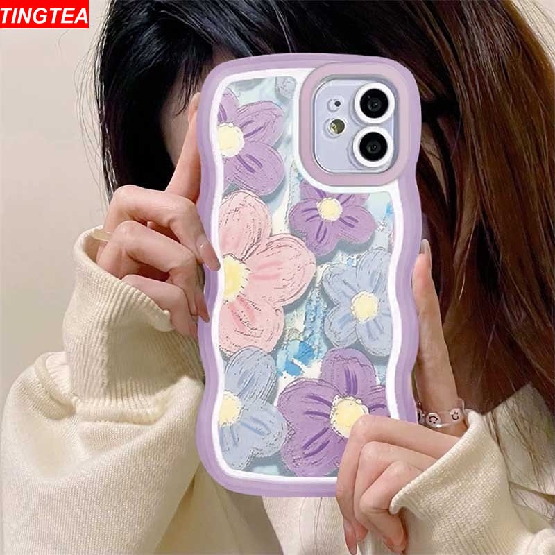 Oppo A17 A17K A57 2022 A77S A16 A16K A15 A54 A53 A12 A5S A7 A3S A11k A31 A52 A92 A94 A93 A37 F9 A1K A76 Lukisan Cat Minyak Bunga Ungu Wave Edge TPU Phone Case Cover