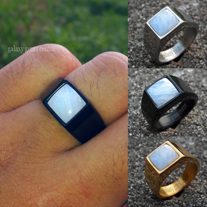 Batu Cincin Natural Biduri Bulan Air Laut - Rainbow Moonstone - Putih, 7