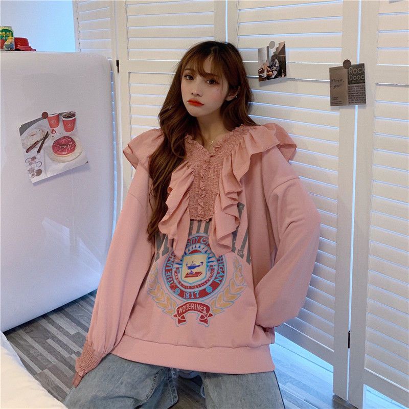 ✸[Pengiriman dalam waktu 48 jam] V-neck desain mesin hati sweater wanita musim semi dan musim gugur bagian tipis versi Korea longgar dan tipis bersih merah semua pertandingan tren atasan lengan panjang