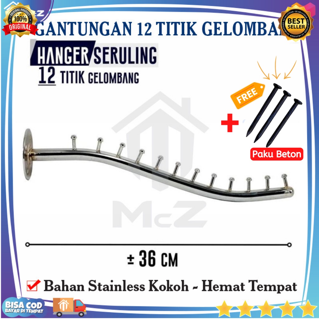 GANTUNGAN BAJU 12 TITIK GELOMBANG 36cm Stainless Tempel Tembok - Tempat Gantungan Baju Dinding Besi 