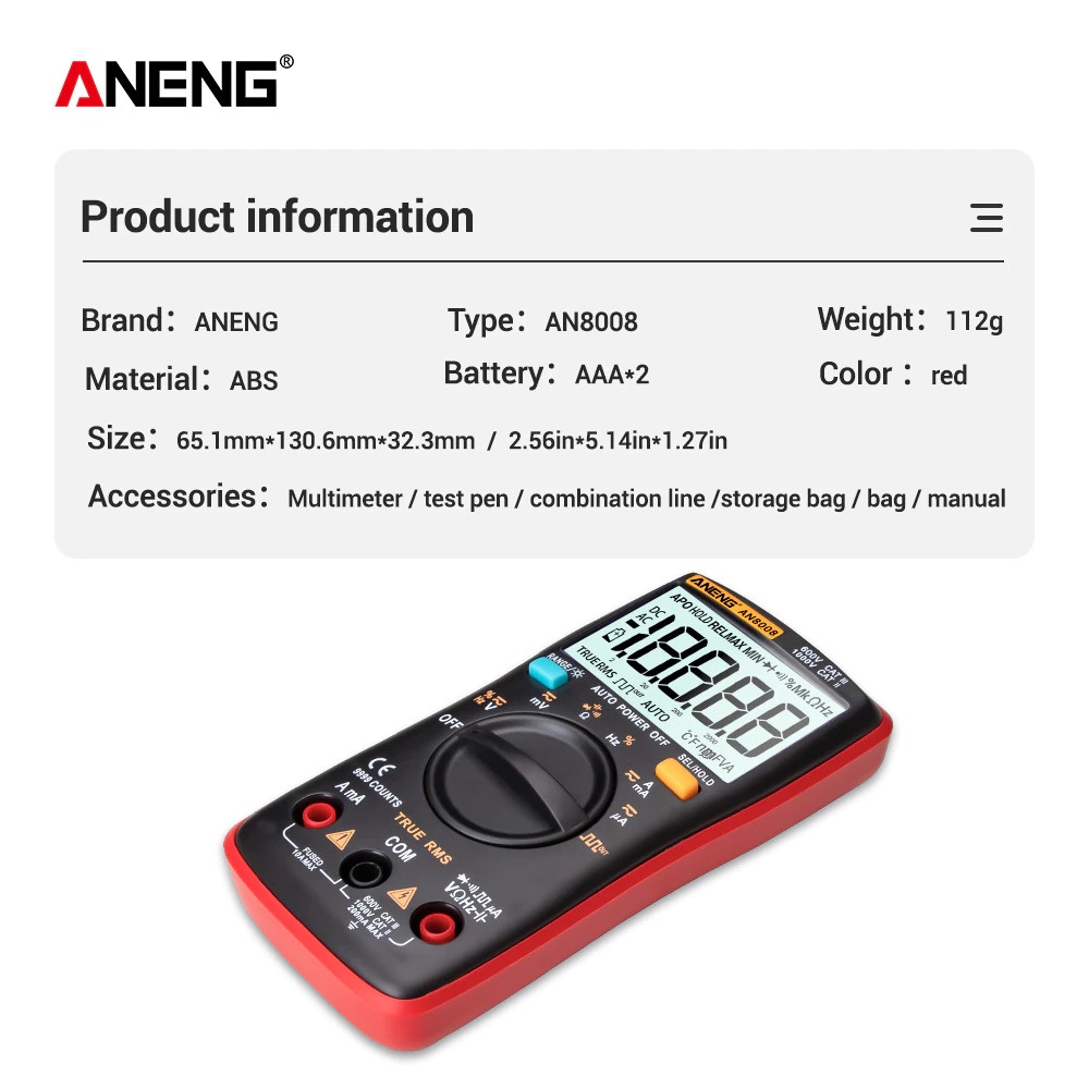 ANENG Digital Multimeter Voltage Tester - AN8008 - Black