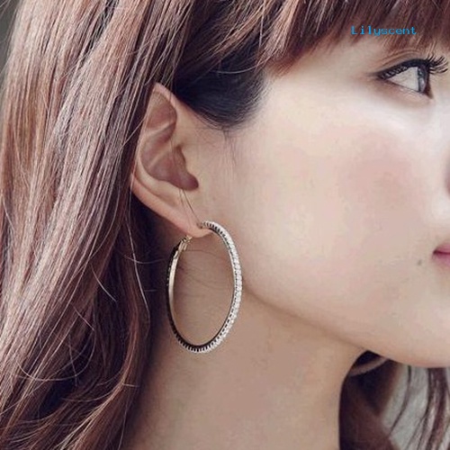 [LS] 1pasang Wanita Fashion Punk Mewah Mengkilap Berlian Imitasi Ear Hoop Menjuntai Anting-Anting