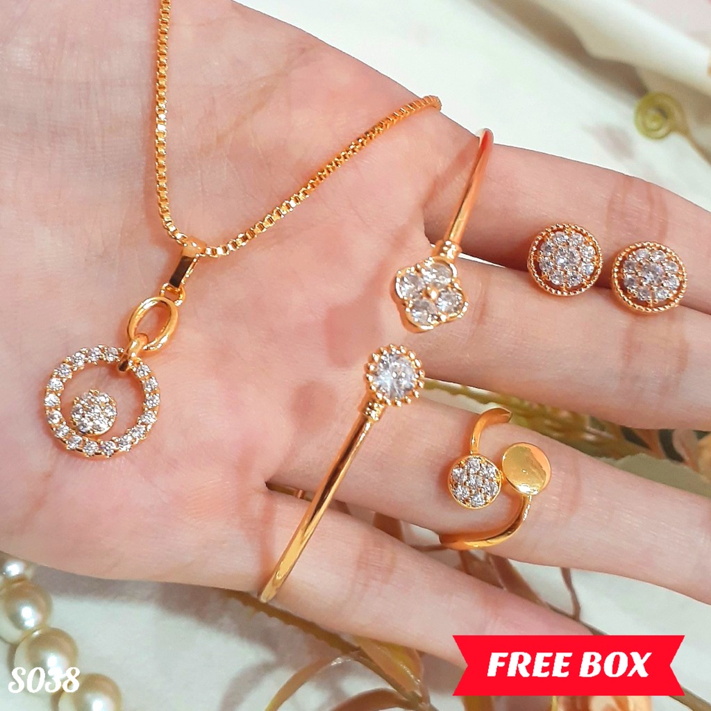 PGX Set Perhiasan Xuping Cincin Gelang Kalung Anting Lapis Emas - S038