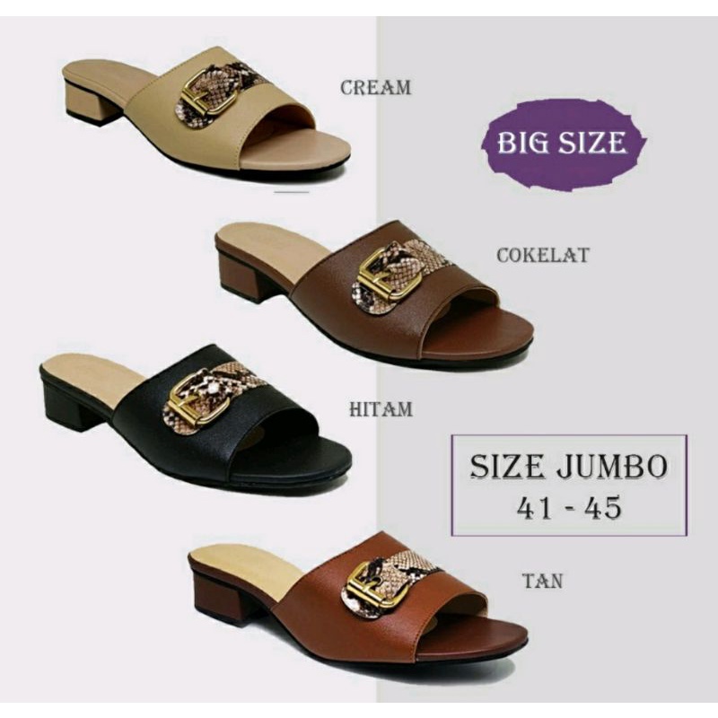 BIG SIZE 40-45 Slop Wanita Kulit 4cm JUMBO Heels Selop Ibu2 Kulit Motif CLOG Pesta Leopard Macan Kaki Gemuk Oversize, 41