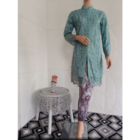 Setelan kebaya Tunik Sage gren//kebaya Tunik modern//kebaya tulle pesta//kebaya ibu besan//kebaya seragaman pesta