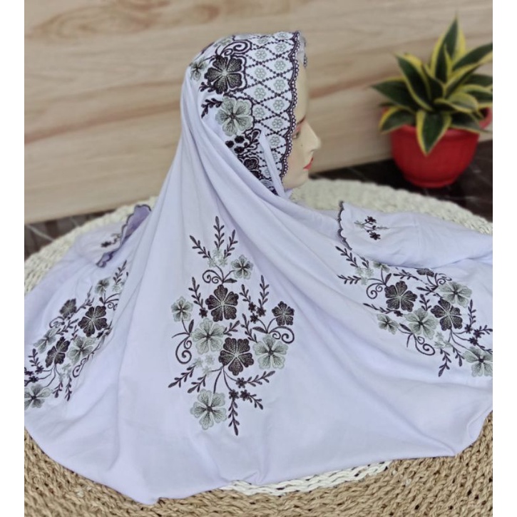 Mukena Mukenah Lajuran/Terusan Bordir Bunga polosan Putih Dewasa Polino Kudusan