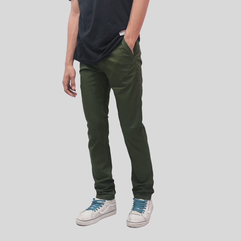 Celana Chino Panjang Pria Hijau Army Premium Slim Fit Katun Stretch Pensil Melar Distro Man Original